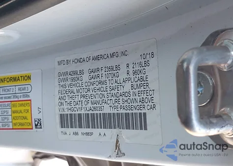 2018 Honda Accord Lx из США, поврежденный, VIN 1HGCV1F1XJA260357